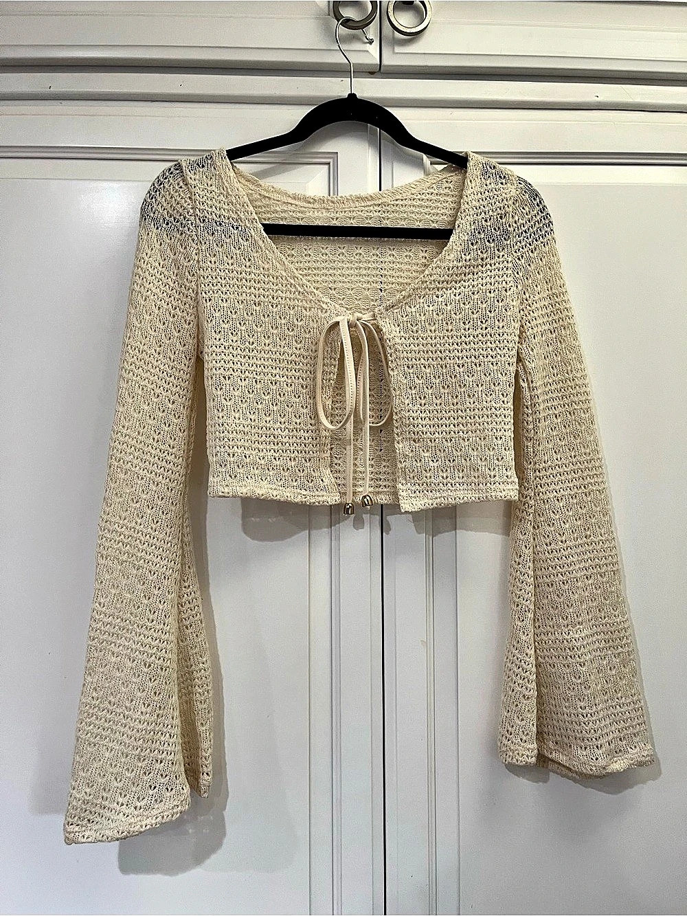 Crochet Knit Tie Front Bell Sleeve Cardigan Cream
